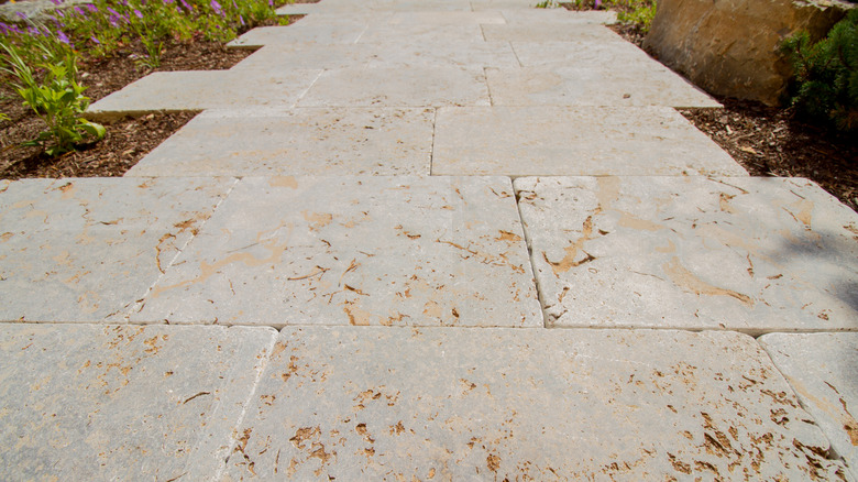 Limestone pavers forming a walkway in a garden