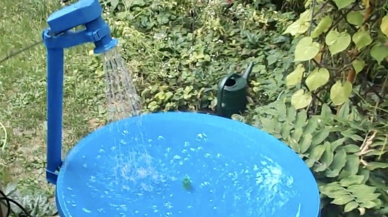 Satellite-dish bird bath that takes uses the feed arm to make a sprayer