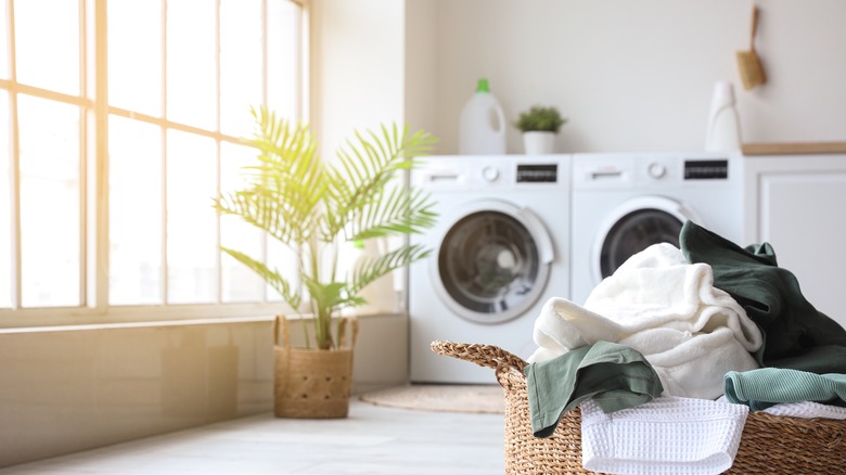 Pile of clothes in hamper in laundry room