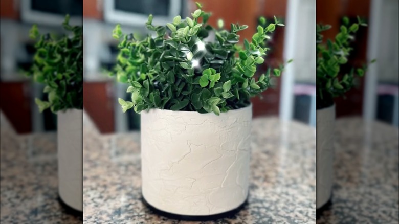 DIY pottery vase made with tile adhesive and coffee can