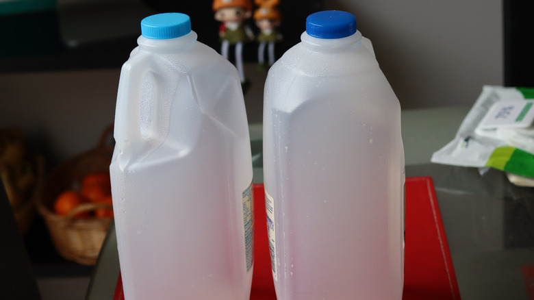 Empty milk jugs on a countertop.