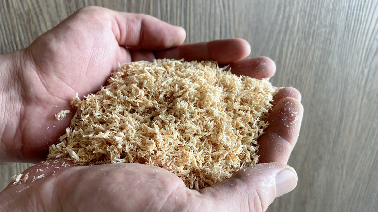 Person holding a pile of sawdust