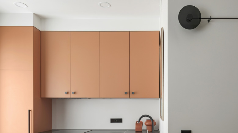 Close-up of terracota-colored kitchen cabinets