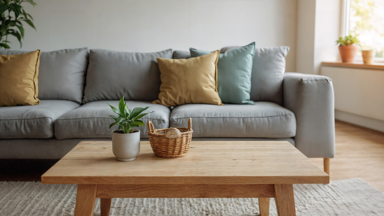 A large wooden coffee table positioned near a gray couch