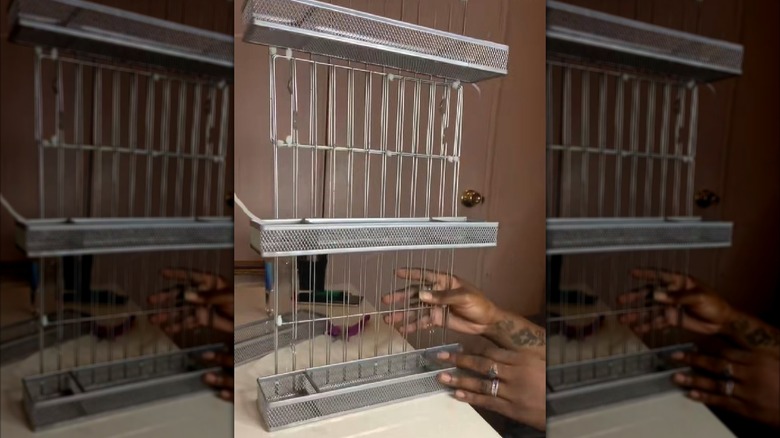 Woman showing DIY bathroom organizer made from Dollar Tree items