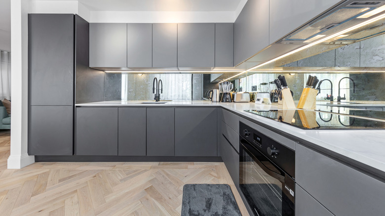 Gray modern kitchen with mirrored backsplash