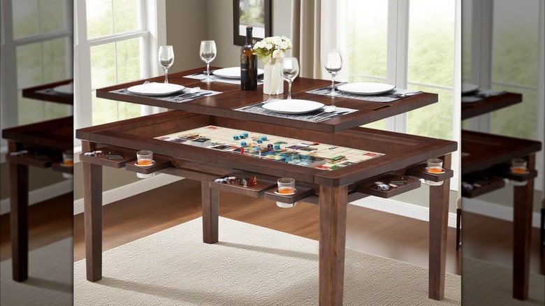 A dining room table that doubles as a game table by removing the top layer