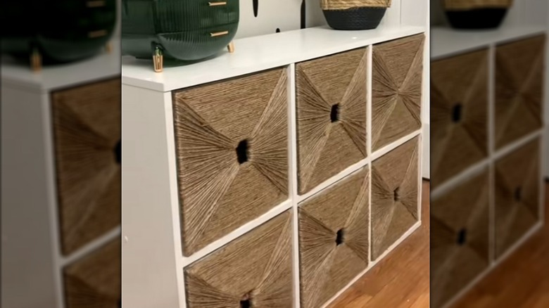 square storage bins decorated with twine