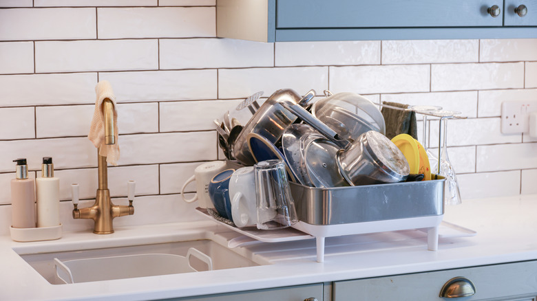Full dish drying rack on countertop