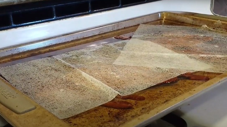 Two dryers sheets and warm water in baking sheet