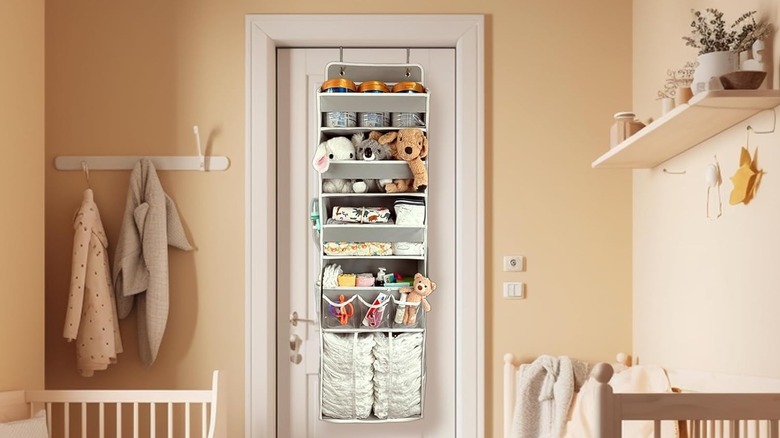 An over-the-door storage rack in a child's room