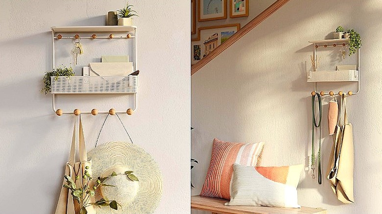 Split image of the Umbra Estique Entryway Organizer Storage Solution seen on a wall in a home