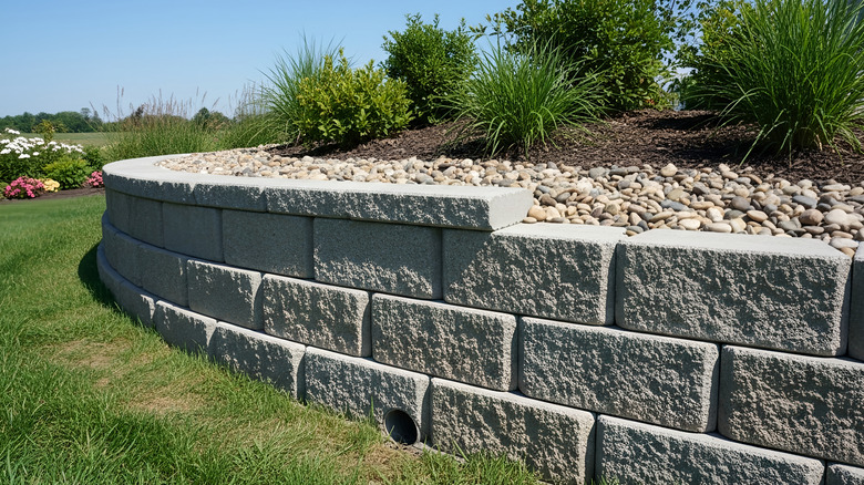 A concrete block retaining wall in a grassy area