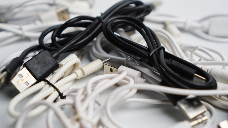 Close-up of various cords tangled together