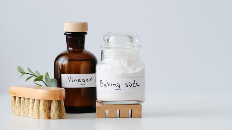 Labeled bottles of baking soda and vinegar on a white countertop