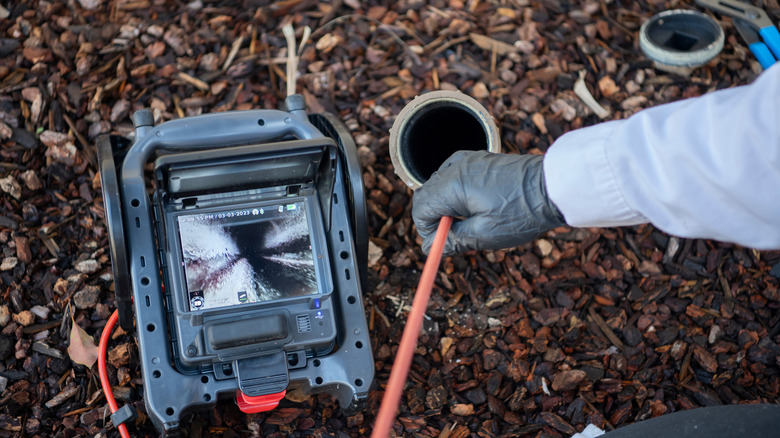 Technician running a scope down a drain in a yard covered in mulch