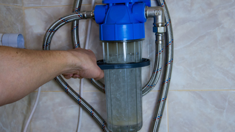 A person replacing water softener filter in home
