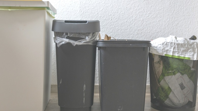 Trash cans of different styles lined up in front of white wall