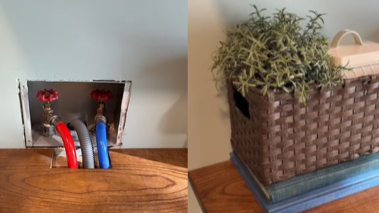 Before and after photos of an IKEA planter used to hide laundry plumbing.