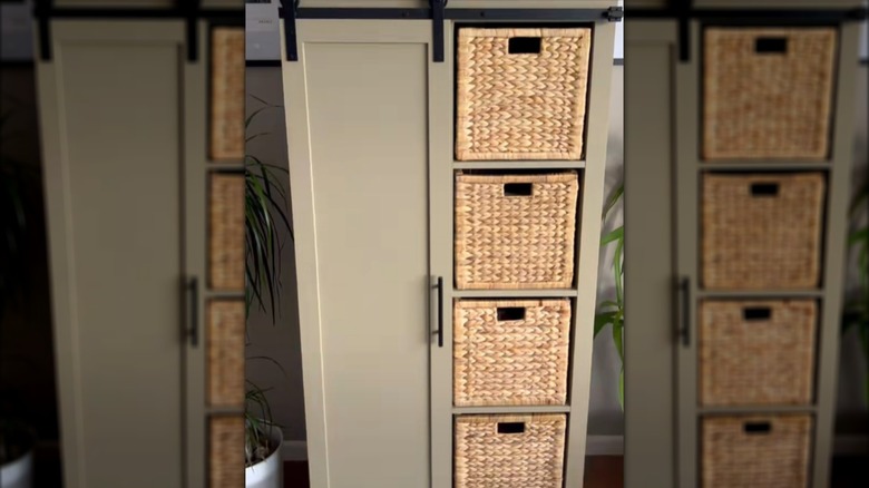 A cube-style shelf system from IKEA in a laundry room.