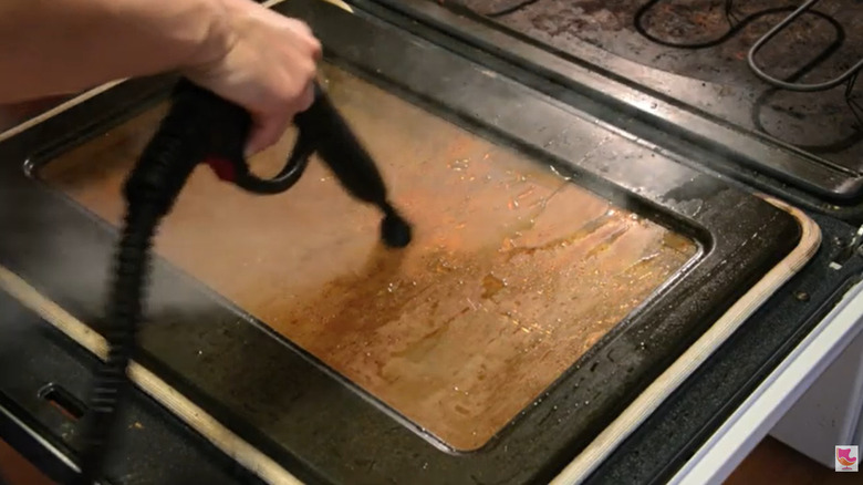 Person steam cleaning glass oven door