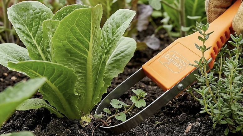 Sneaky Weeder tool being used in garden bed to remove weed