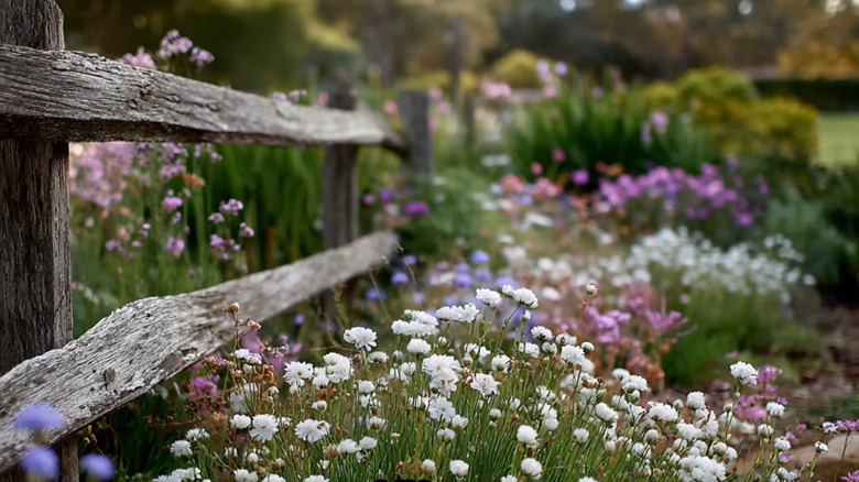 Wabi sabi yards feature nods to againg, like weathered fences, and naturalistic plantings.