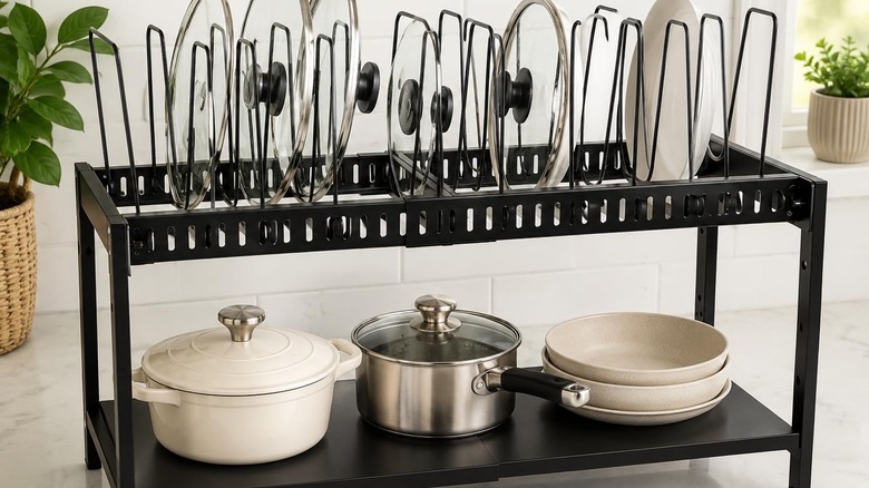 Cottage Charm's 2-Tier Pots and Pans Organizer on a kitchen counter