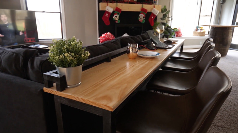 handmade eating bar behind sofa