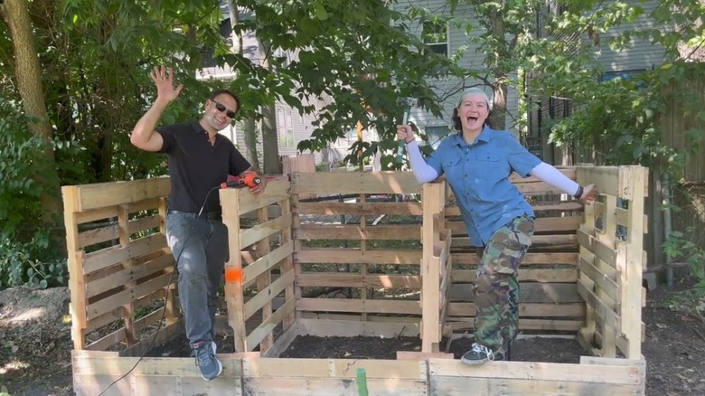 DIY three bin compost bin made from wooden pallets