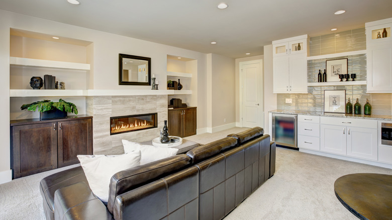 Custom built-in home bar with cabinets and countertop