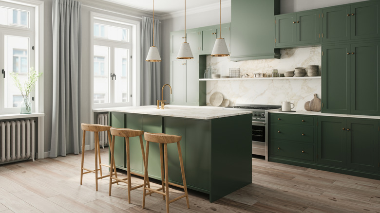Contemporary kitchen with green cabinets and marble backsplash.