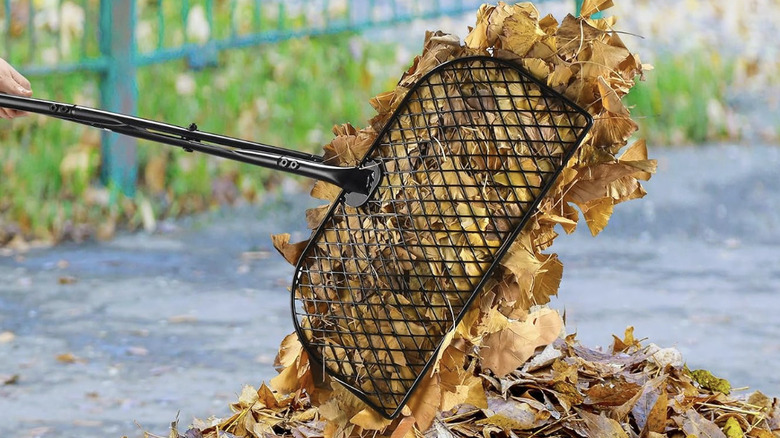 Leaf grabber tool collecting large quantity of leaves
