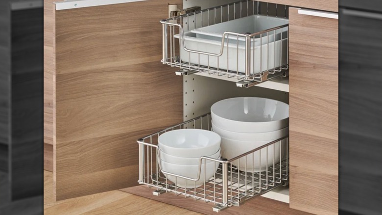Costco's Trinity Wire Drawers installed in a cabinet to hold dishware