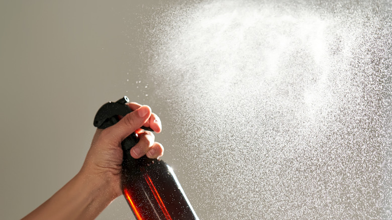 Hand holding spray bottle and spraying into air indoors