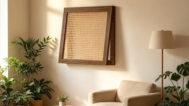 Rattan cover mounted over an electrical panel
