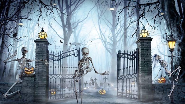 Skeleton in front of haunted house 