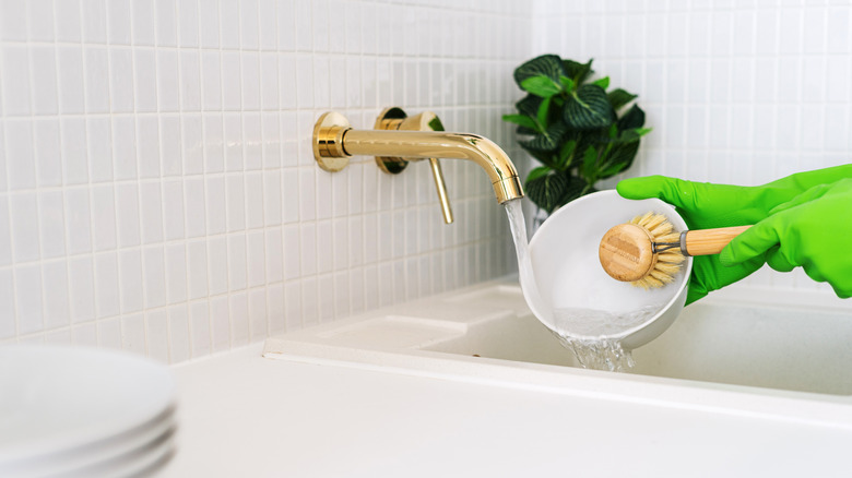 A person scrubs a bowl using an eco-friendly dish brush