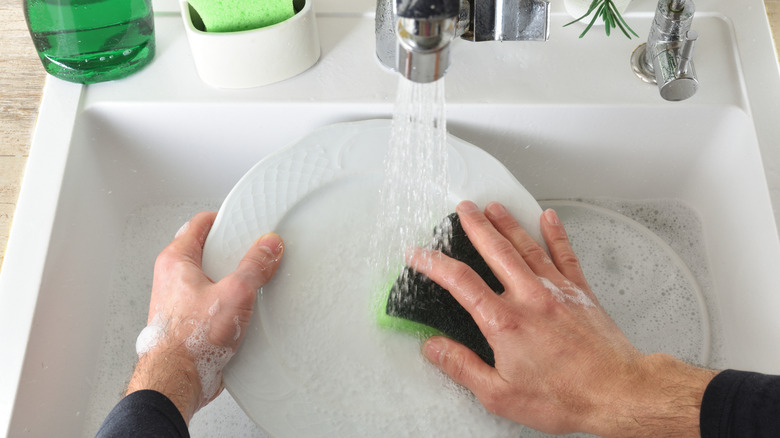 A person scrubs a plate with a sponge under running water