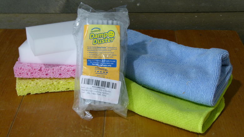 Damp Duster, sponges, melamine foam, and microfiber cloth
