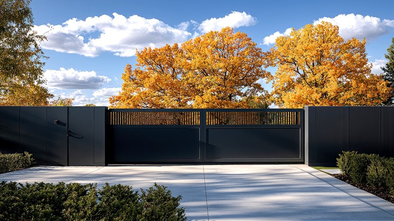 A concrete driveway with fall foliage in the background