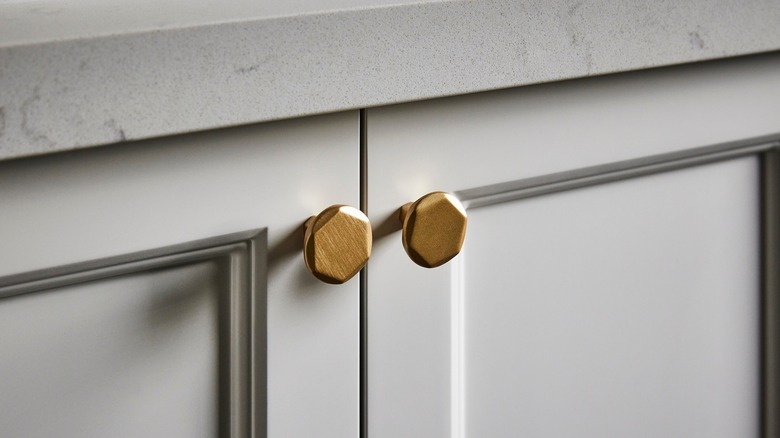 white shaker cabinet with gold knobs
