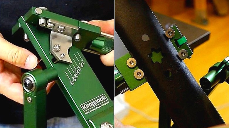 Split image of the Kimgsoak mower blade sharpener's angles, and a lawn mower blower clamped into place