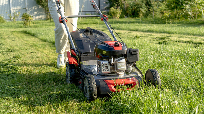 A person cutting long grass with a lawn mower
