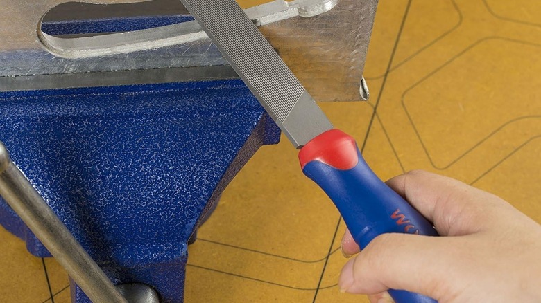 Filing metal with the multi-purpose WorkPro flat file from Amazon