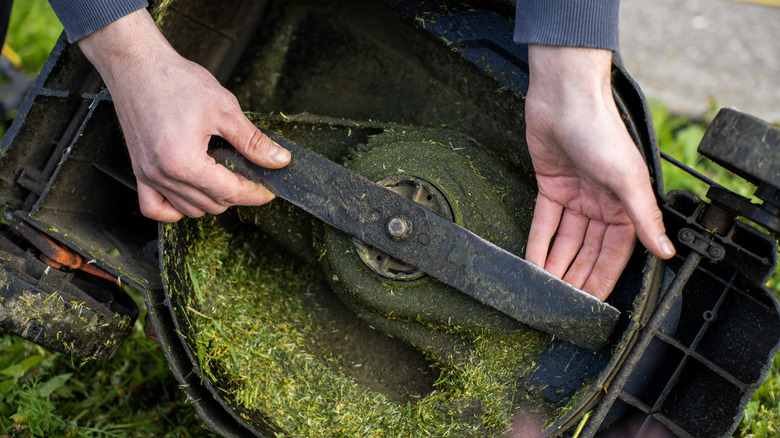 A man holding a mower blade that needs to be sharpened