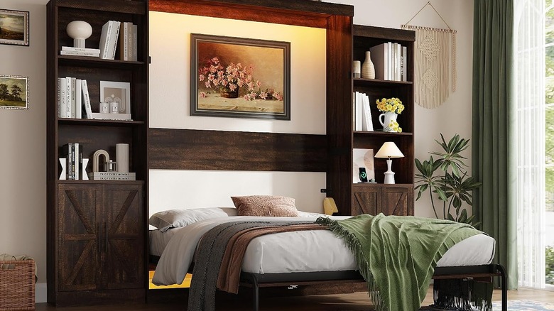 A Murphy bed with built-in shelving.