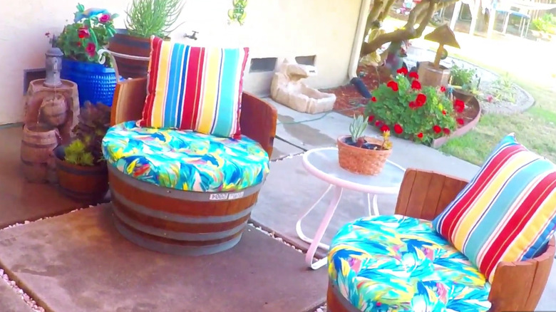 A screenshot of the wine barrel chairs after they are finished