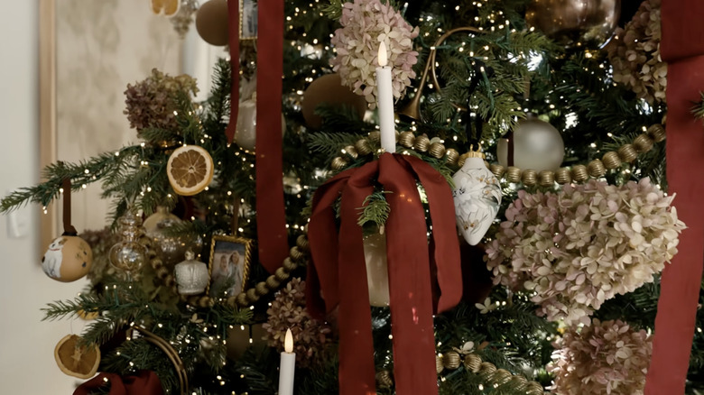 Close up of Shea McGee's Christmas tree with hydrangeas
