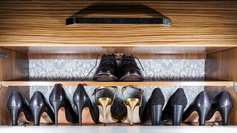 Various high heel shoes in an enclosed drawer